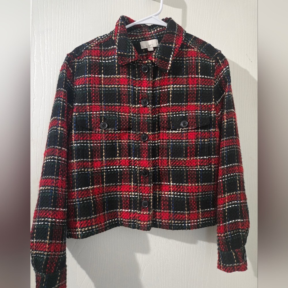 LOFT XS Red and Black Multicolored Plaid Blazer